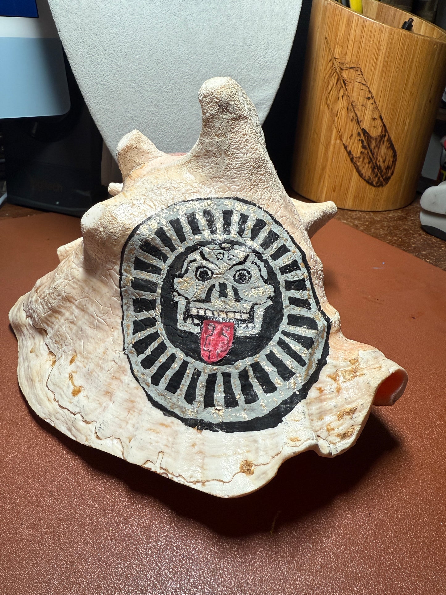Large Aztec Disk Of Mictlantecuhtli Conch Trumpet, Piedra De Muerte, Shell Horn, 8"x7"