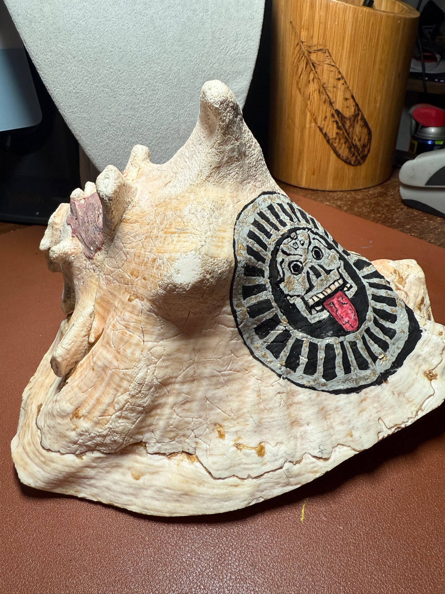 Large Aztec Disk Of Mictlantecuhtli Conch Trumpet, Piedra De Muerte, Shell Horn, 8"x7"