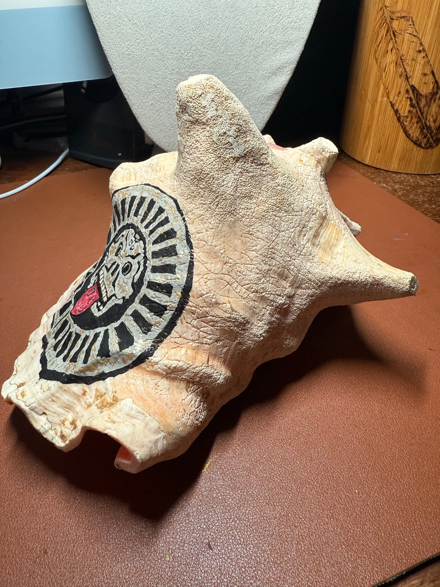 Large Aztec Disk Of Mictlantecuhtli Conch Trumpet, Piedra De Muerte, Shell Horn, 8"x7"
