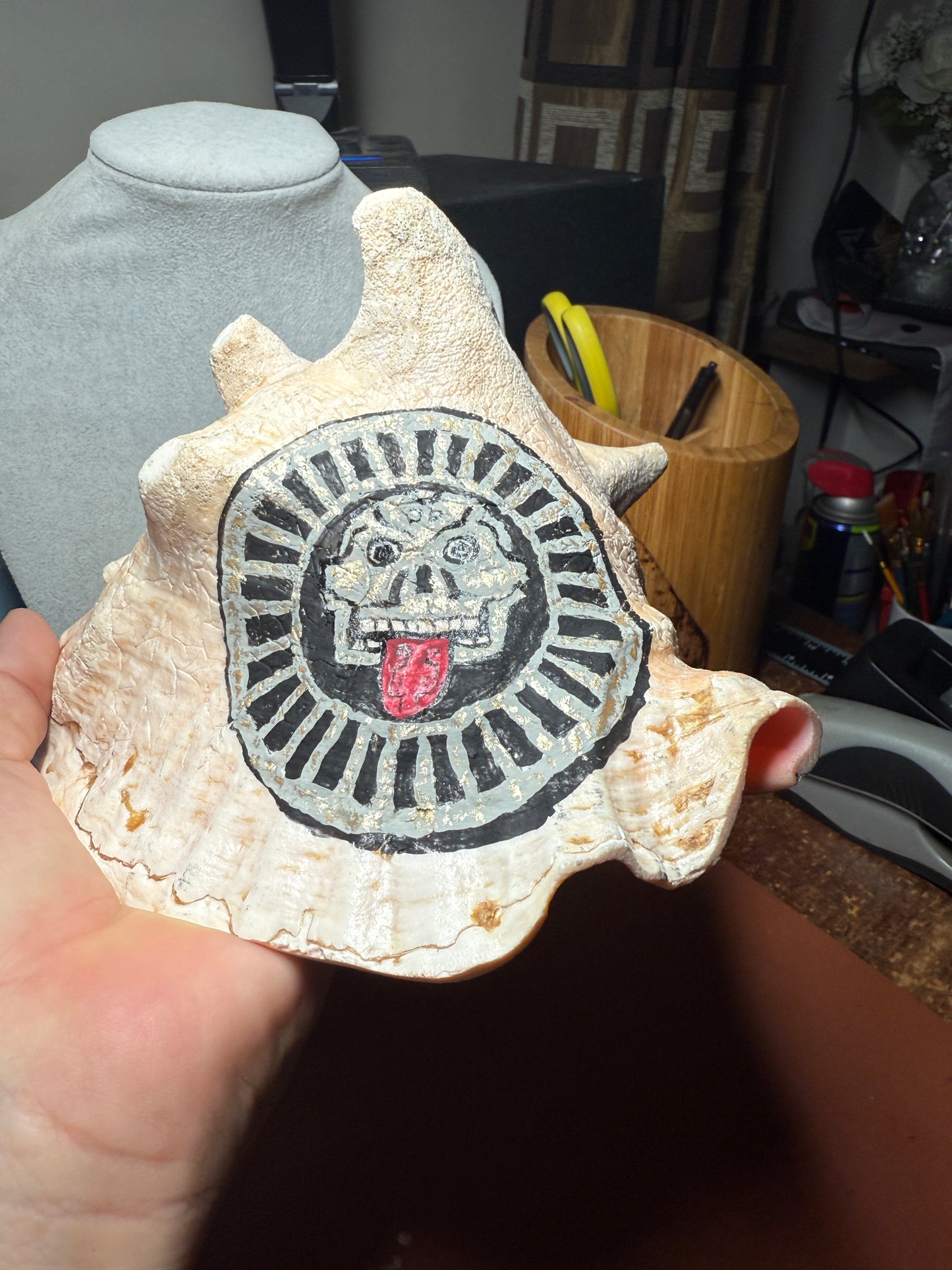 Large Aztec Disk Of Mictlantecuhtli Conch Trumpet, Piedra De Muerte, Shell Horn, 8"x7"