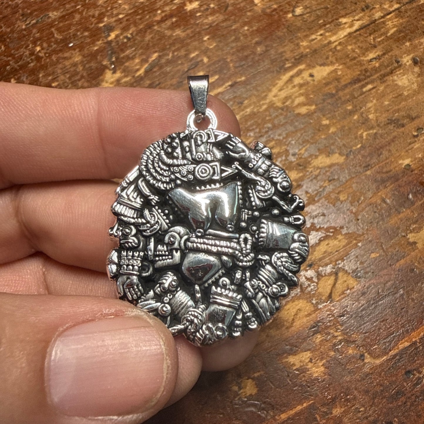 Coyolxauhqui Pendant, Antiqued Silver Tone, Aztec Moon Goddess, 1.5", 5.3mm bail, Metal Alloy #18