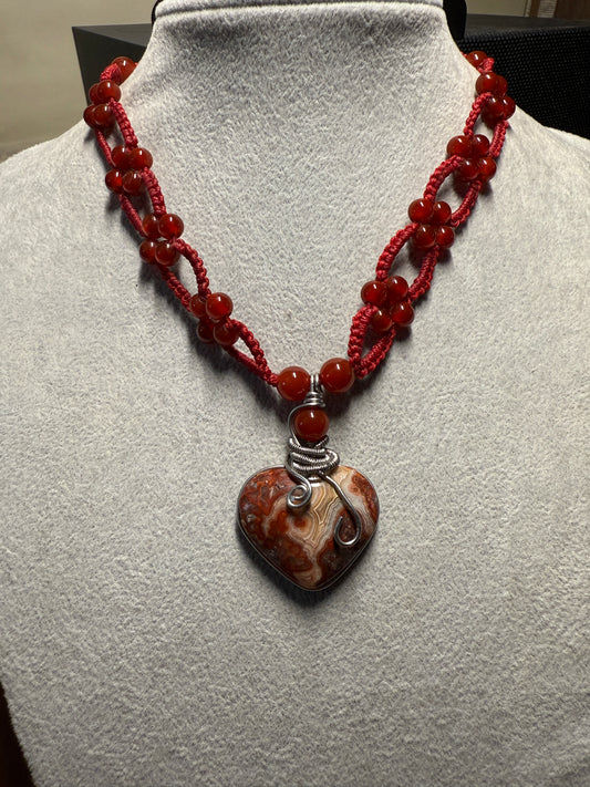 Aztec Heart Necklace, Agate Coralina, Red Jasper, Woven 15" (#20)