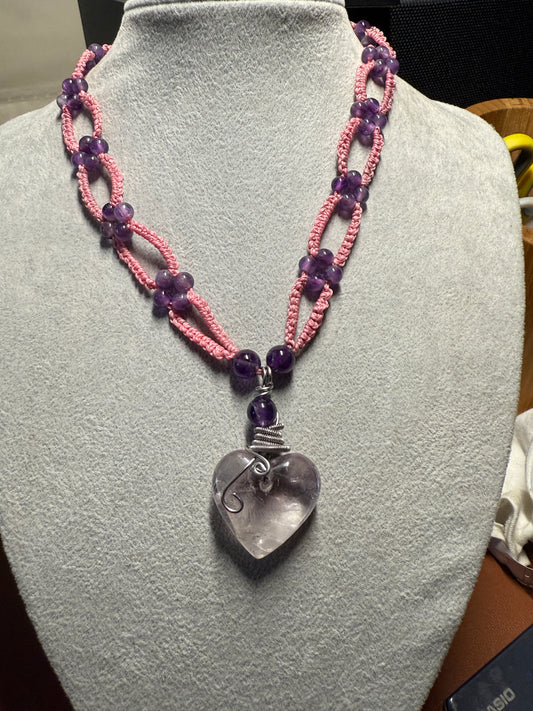 Aztec Heart Necklace, Rose Quartz, Quartz Beads, Woven 17", Mexico, Real (#20)