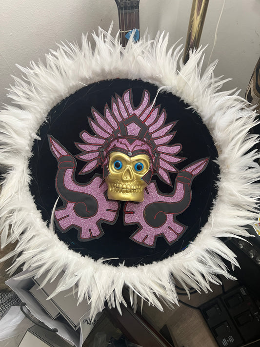 Danzante Azteca Mictlantecuhtli Shield, Chimalli, Black Purple, Aztec Dance Shield, Aztec Skull, Mexica, Pow Wow, Indigenous Feathers, 17"
