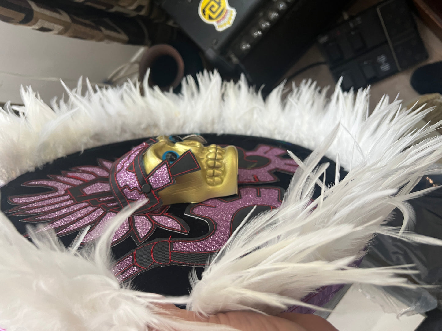 Danzante Azteca Mictlantecuhtli Shield, Chimalli, Black Purple, Aztec Dance Shield, Aztec Skull, Mexica, Pow Wow, Indigenous Feathers, 17"