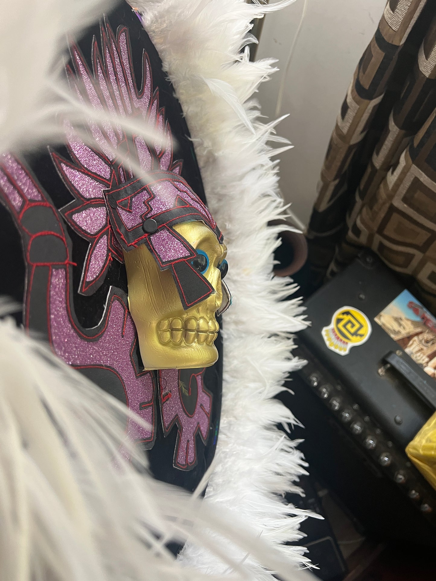 Danzante Azteca Mictlantecuhtli Shield, Chimalli, Black Purple, Aztec Dance Shield, Aztec Skull, Mexica, Pow Wow, Indigenous Feathers, 17"
