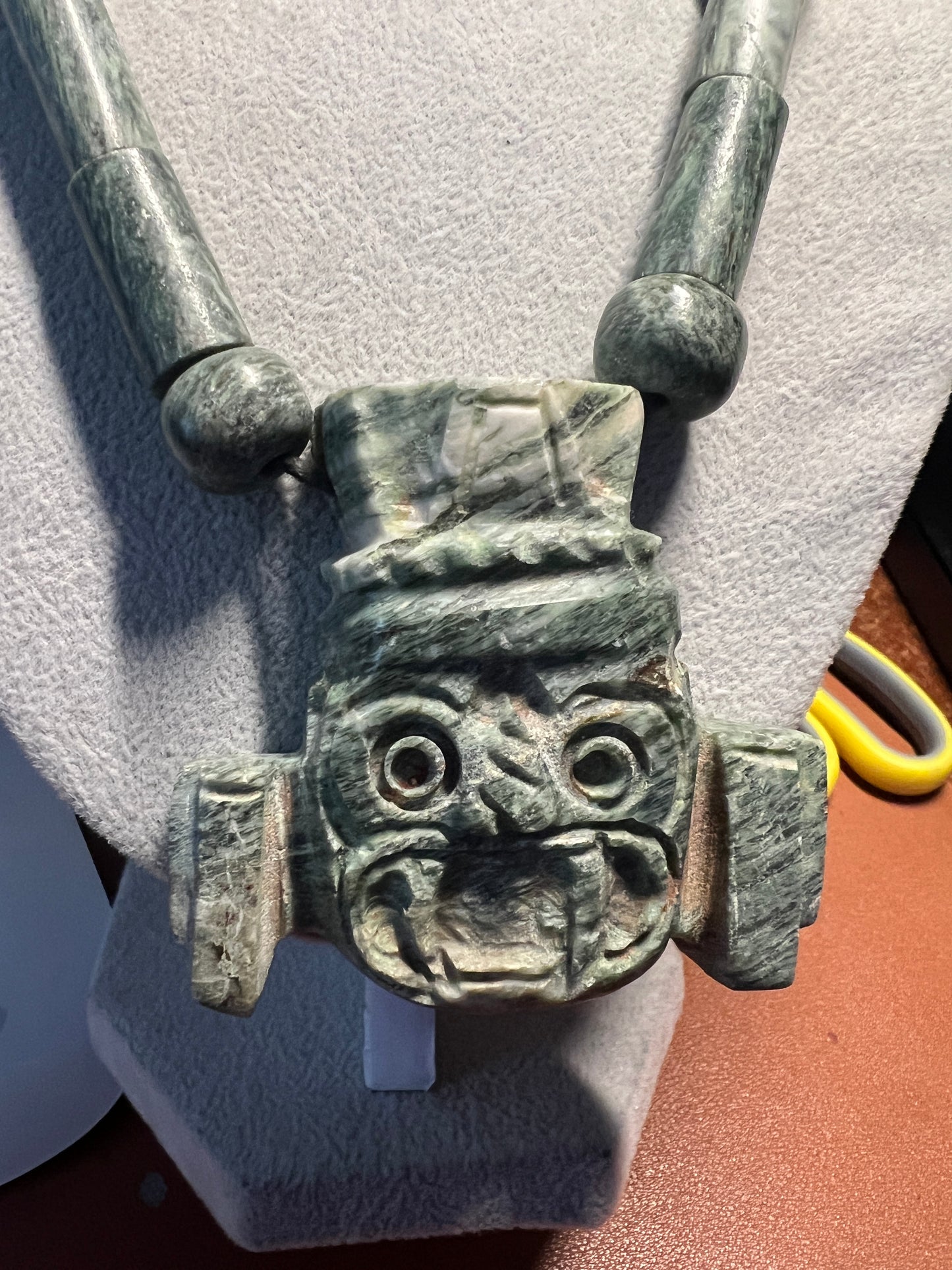 Tlaloc Marble Pendant and Beaded Necklace, Handmade Mexico, Aztec (#38)