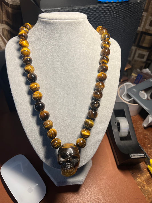 Tiger Eye Mictlantecuhtli Skull Necklace, Mexican, Aztec, Mexica (#38)