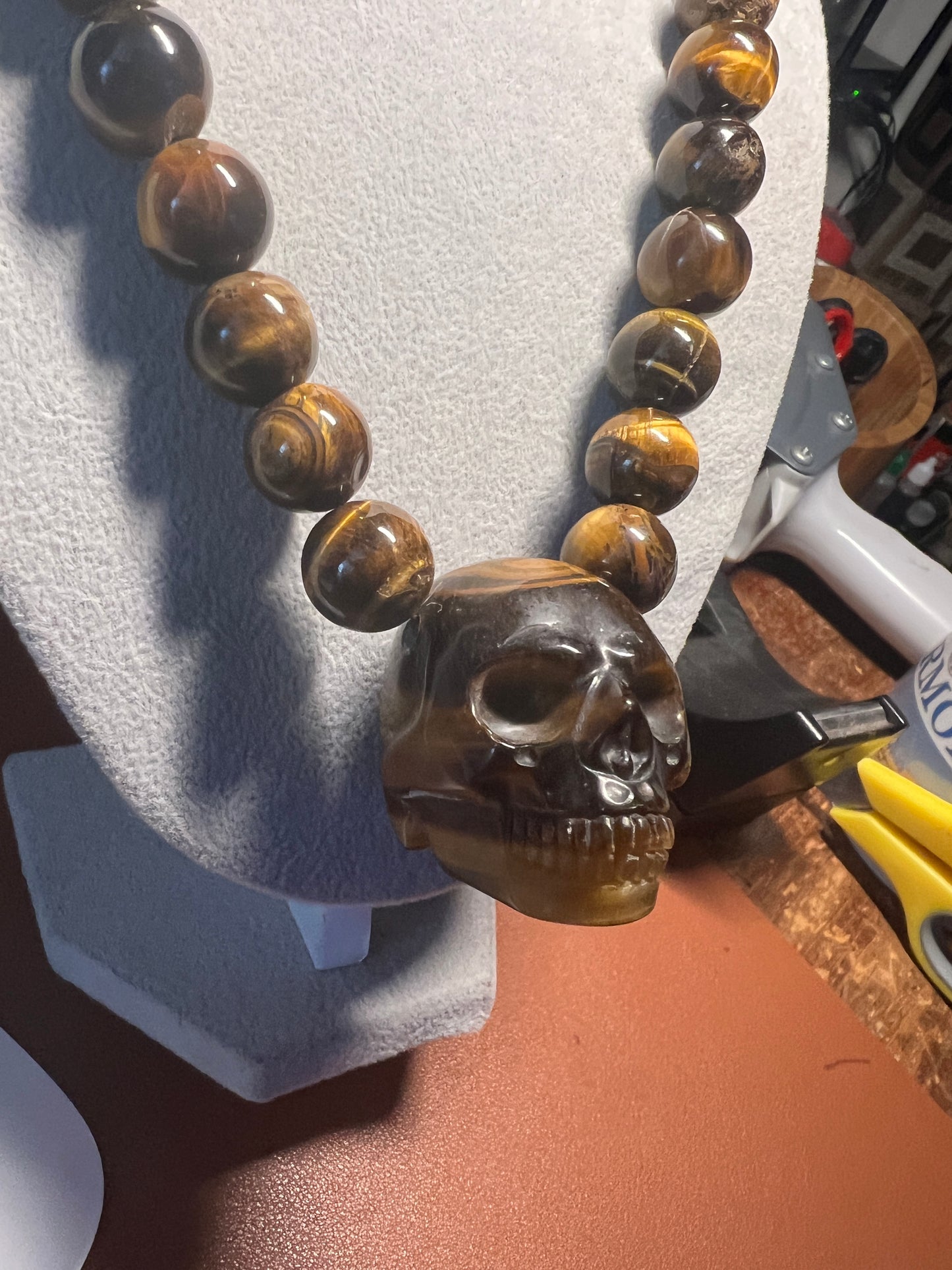 Tiger Eye Mictlantecuhtli Skull Necklace, Mexican, Aztec, Mexica (#38)