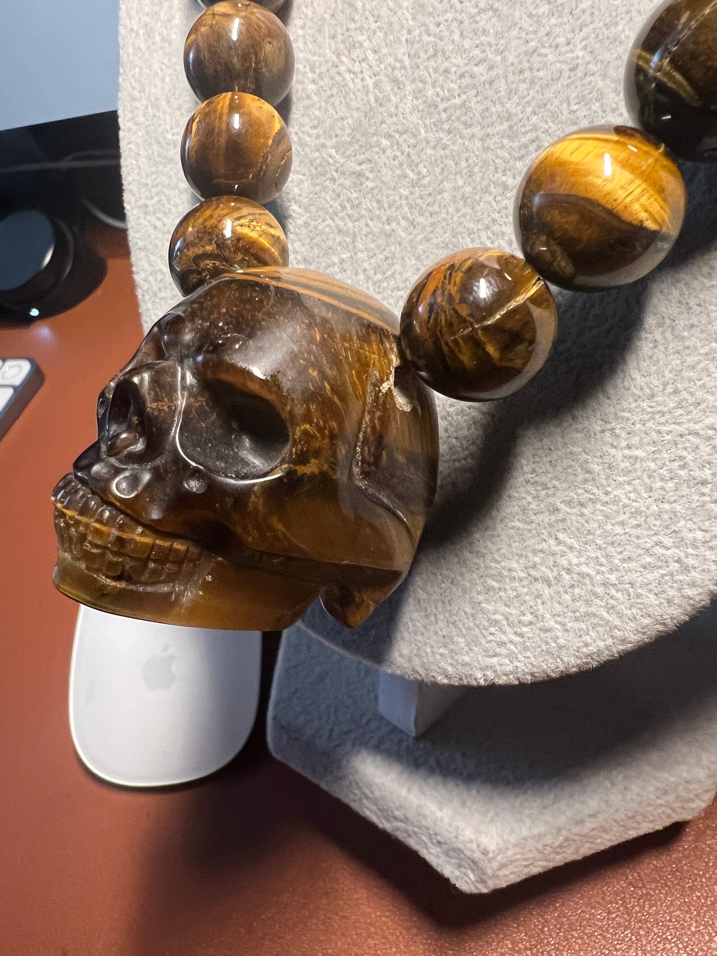 Tiger Eye Mictlantecuhtli Skull Necklace, Mexican, Aztec, Mexica (#38)