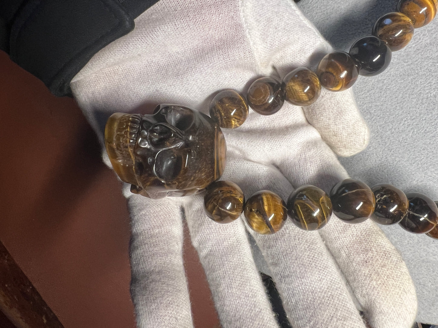 Tiger Eye Mictlantecuhtli Skull Necklace, Mexican, Aztec, Mexica (#38)