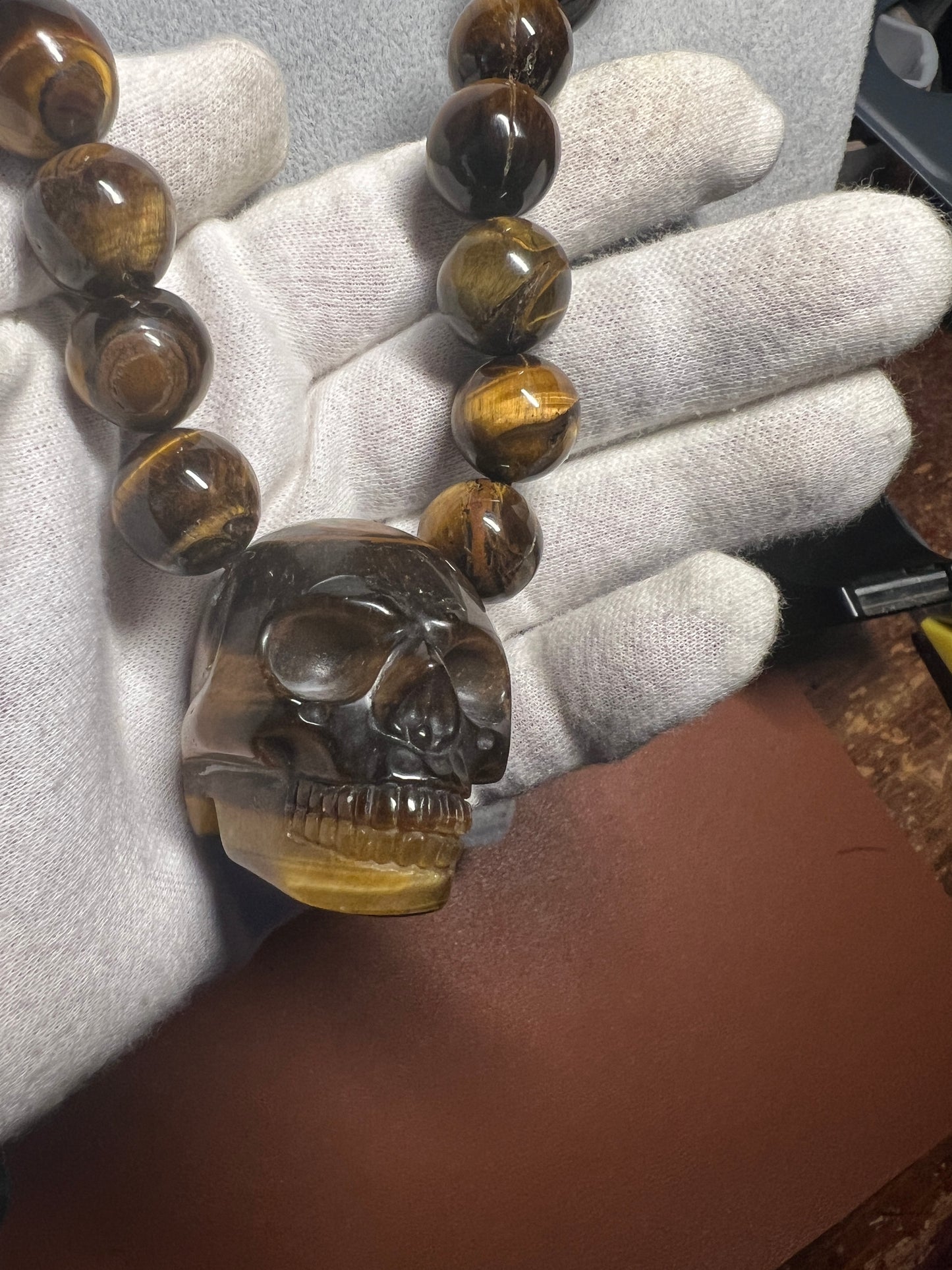 Tiger Eye Mictlantecuhtli Skull Necklace, Mexican, Aztec, Mexica (#38)