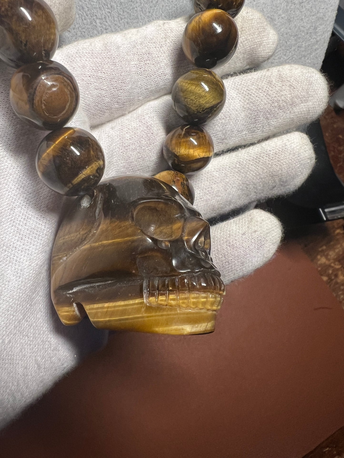 Tiger Eye Mictlantecuhtli Skull Necklace, Mexican, Aztec, Mexica (#38)