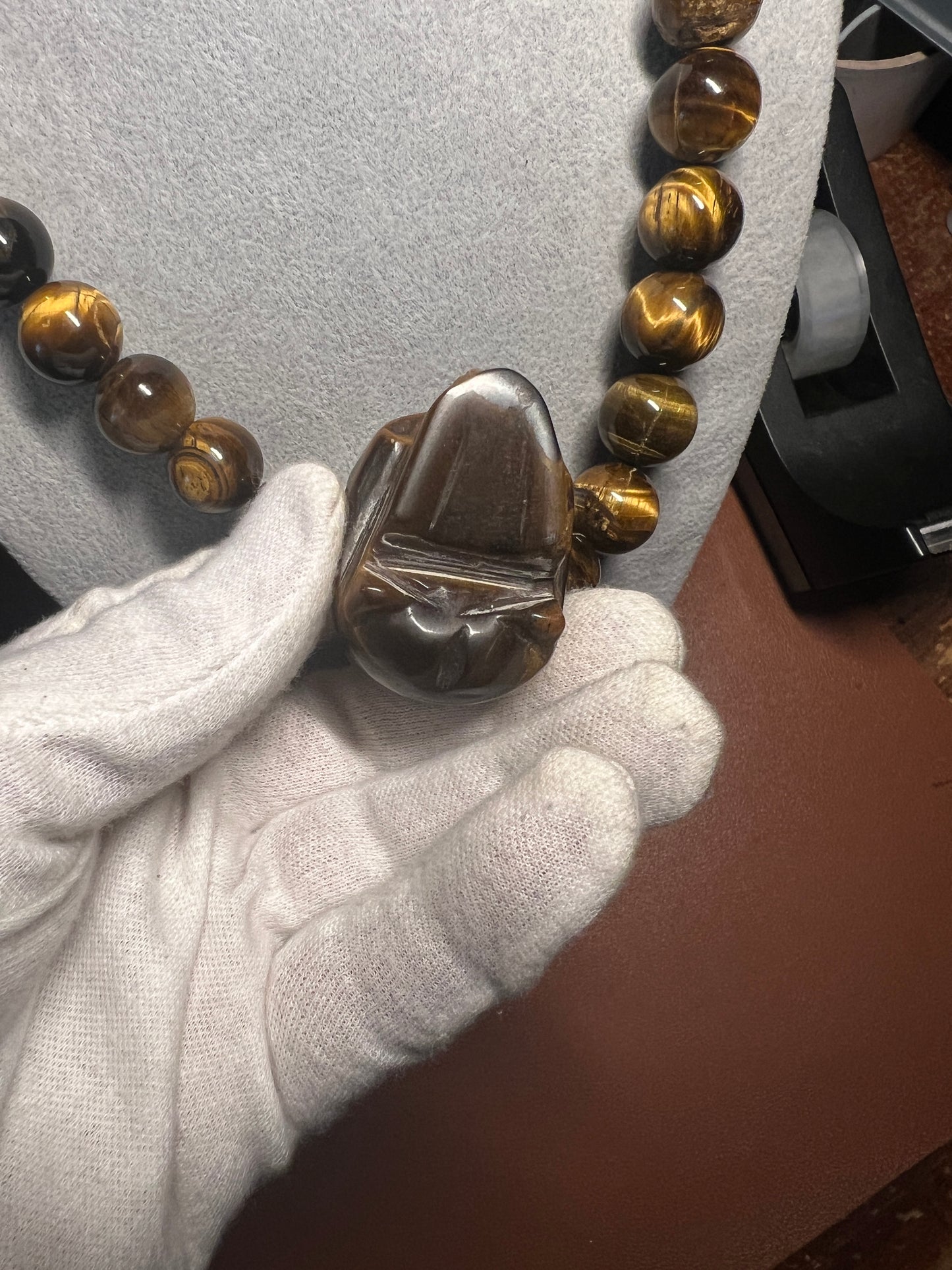 Tiger Eye Mictlantecuhtli Skull Necklace, Mexican, Aztec, Mexica (#38)