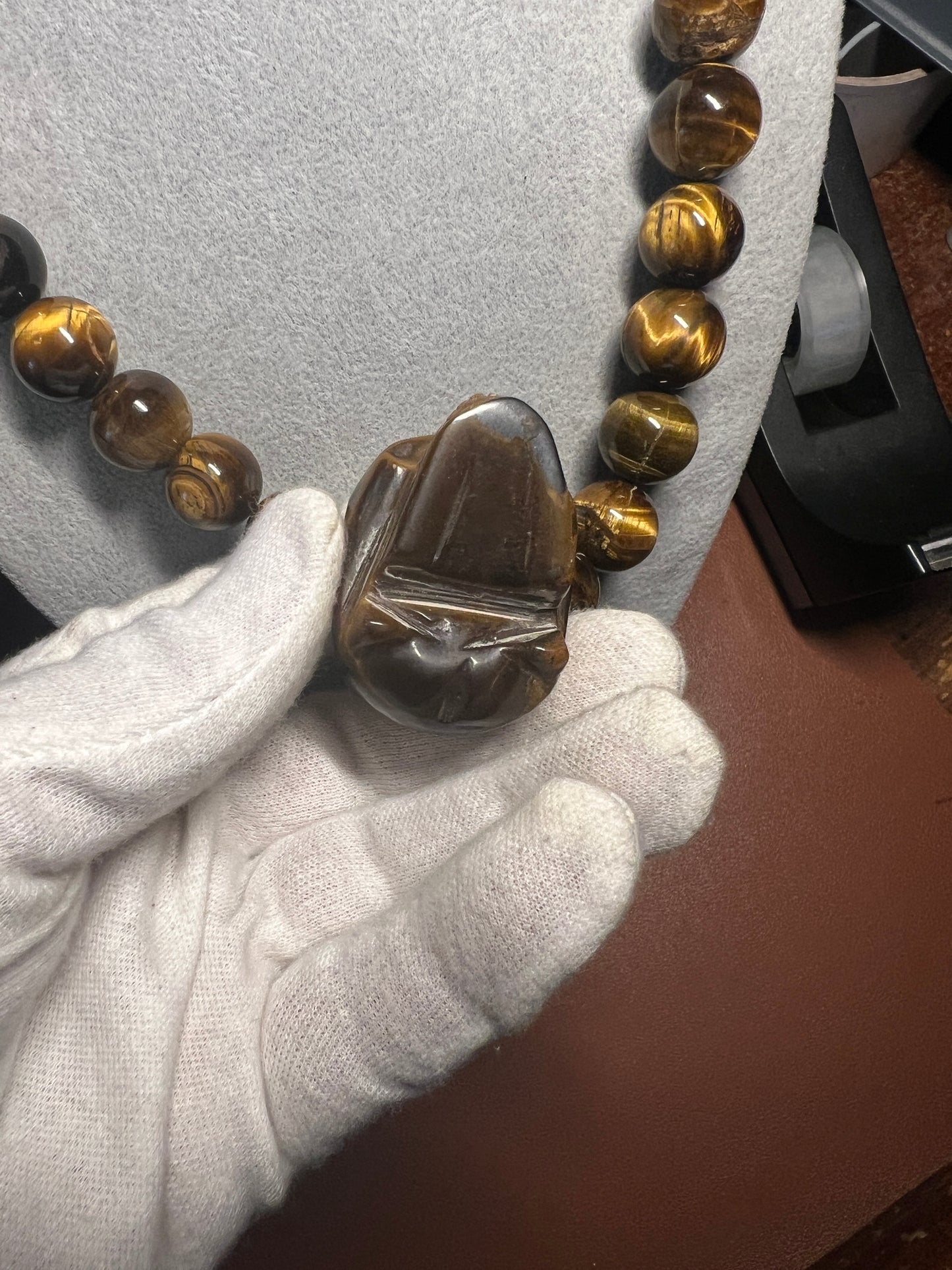 Tiger Eye Mictlantecuhtli Skull Necklace, Mexican, Aztec, Mexica (#38)