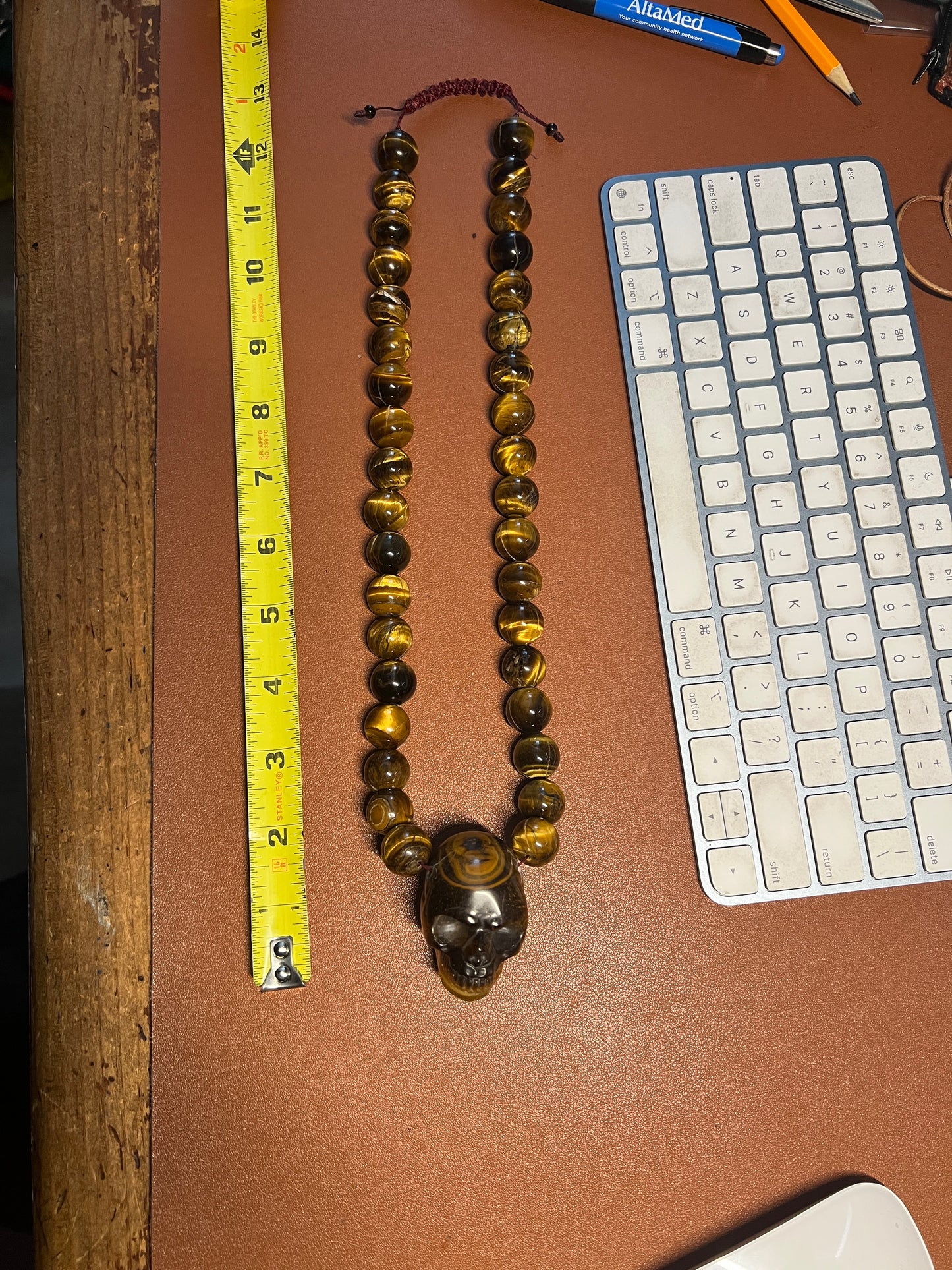 Tiger Eye Mictlantecuhtli Skull Necklace, Mexican, Aztec, Mexica (#38)