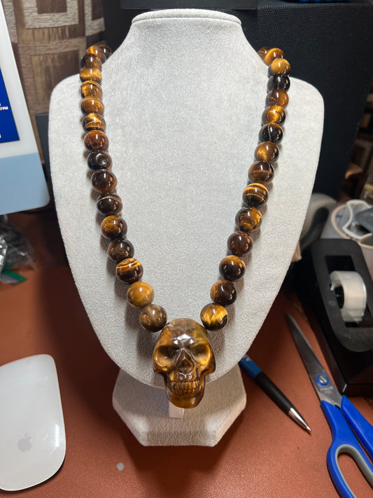 Tiger Eye Mictlantecuhtli Skull Necklace, Mexican, Aztec, Mexica, Mexico (#37)