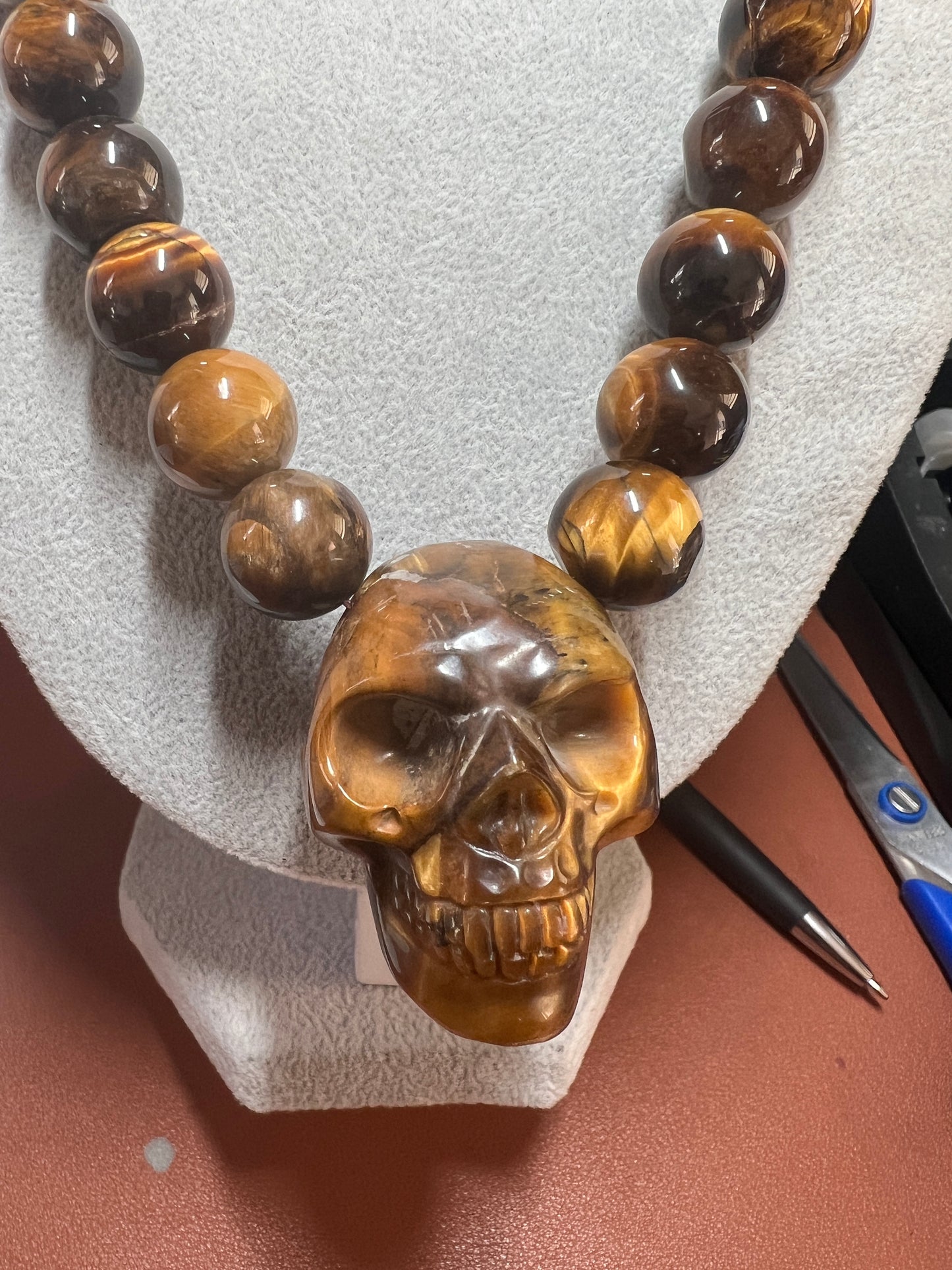Tiger Eye Mictlantecuhtli Skull Necklace, Mexican, Aztec, Mexica, Mexico (#37)