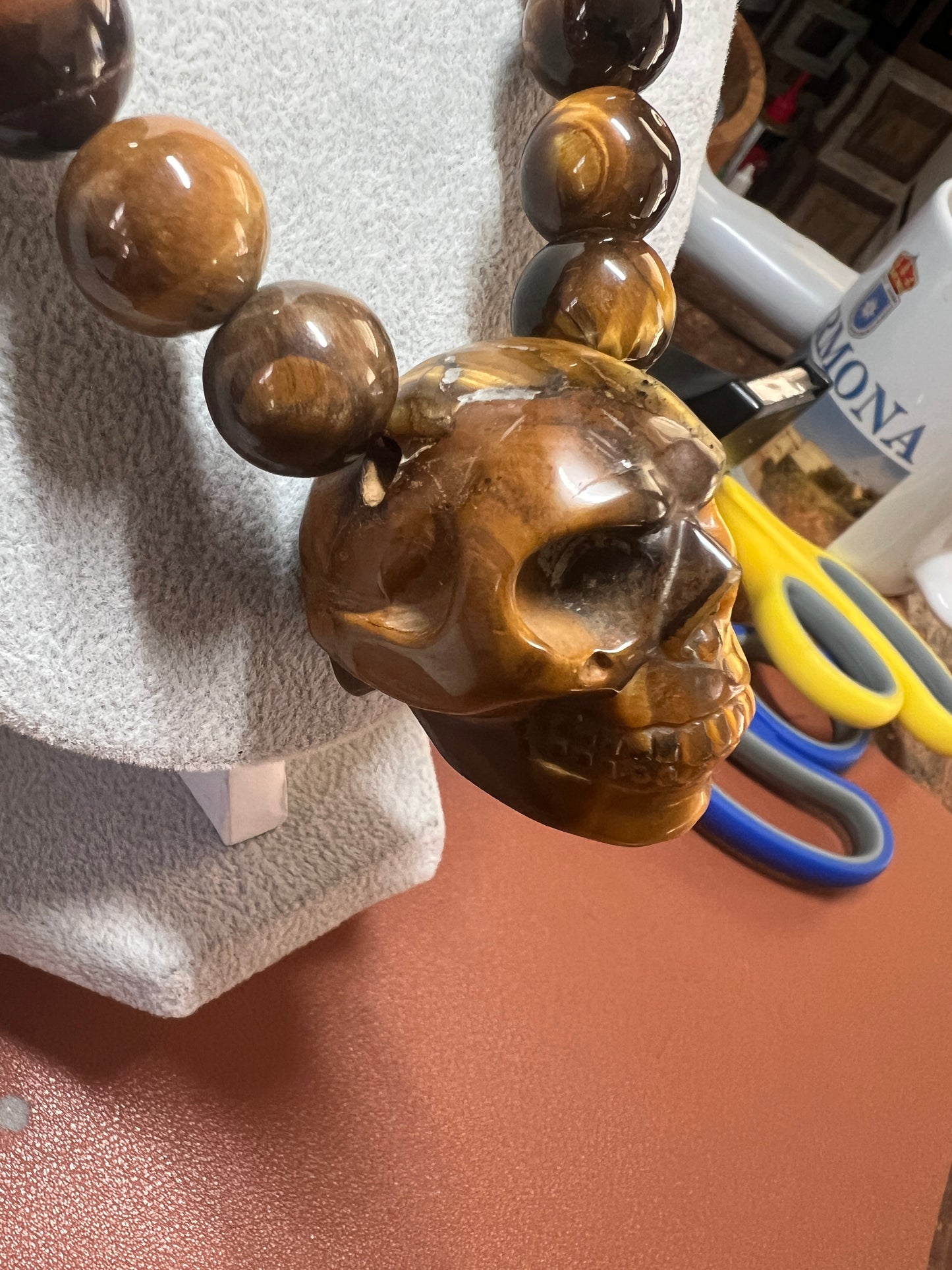 Tiger Eye Mictlantecuhtli Skull Necklace, Mexican, Aztec, Mexica, Mexico (#37)