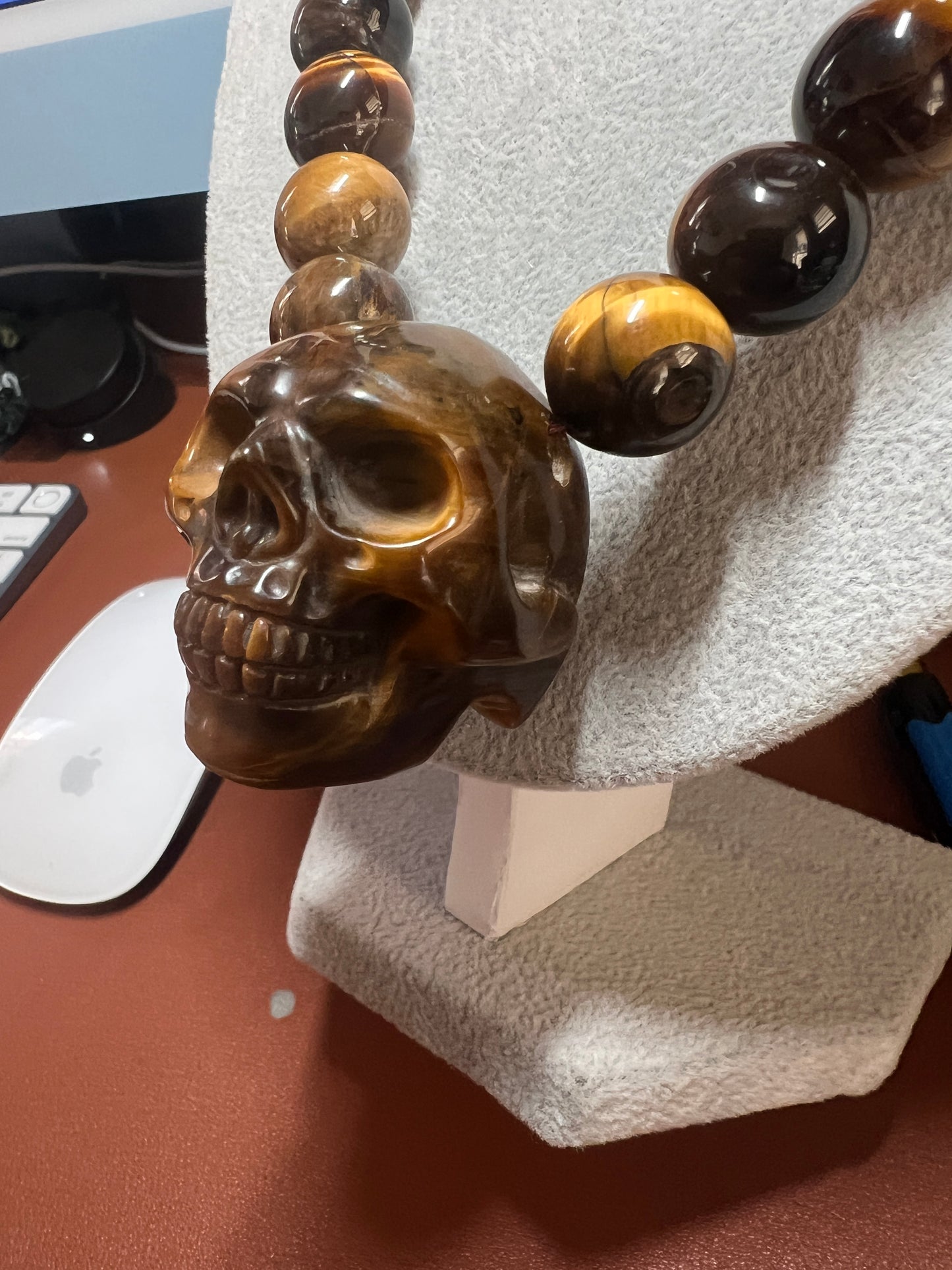 Tiger Eye Mictlantecuhtli Skull Necklace, Mexican, Aztec, Mexica, Mexico (#37)