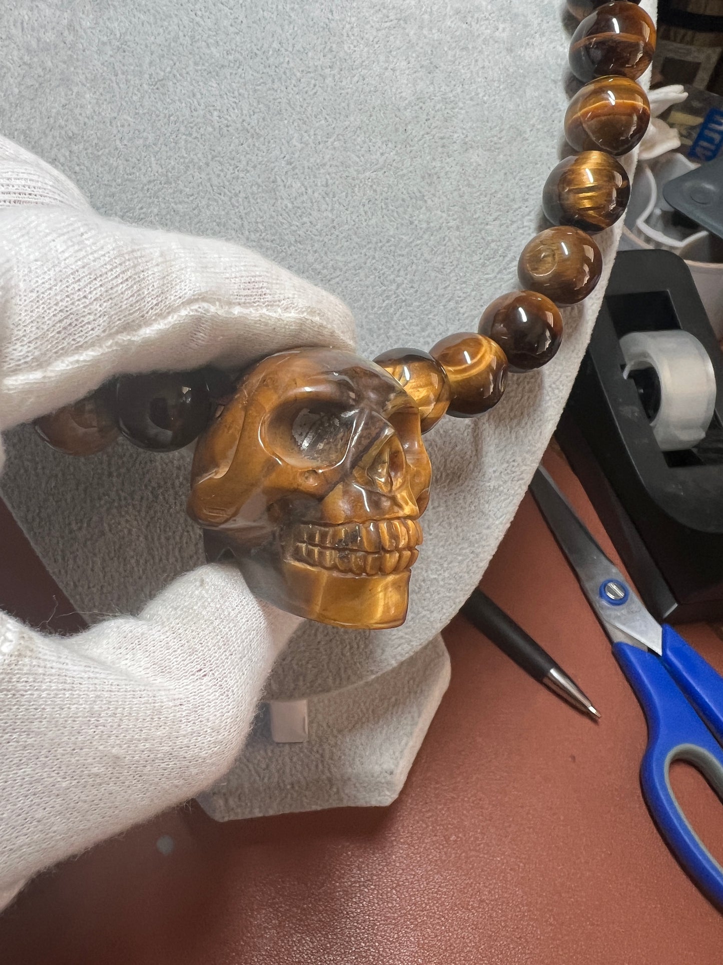 Tiger Eye Mictlantecuhtli Skull Necklace, Mexican, Aztec, Mexica, Mexico (#37)