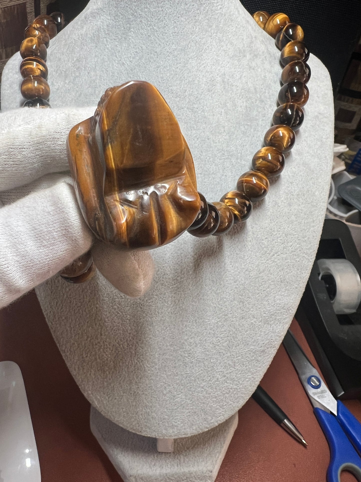 Tiger Eye Mictlantecuhtli Skull Necklace, Mexican, Aztec, Mexica, Mexico (#37)
