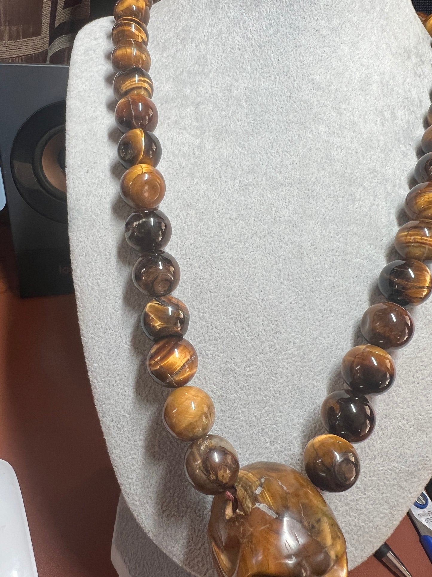 Tiger Eye Mictlantecuhtli Skull Necklace, Mexican, Aztec, Mexica, Mexico (#37)