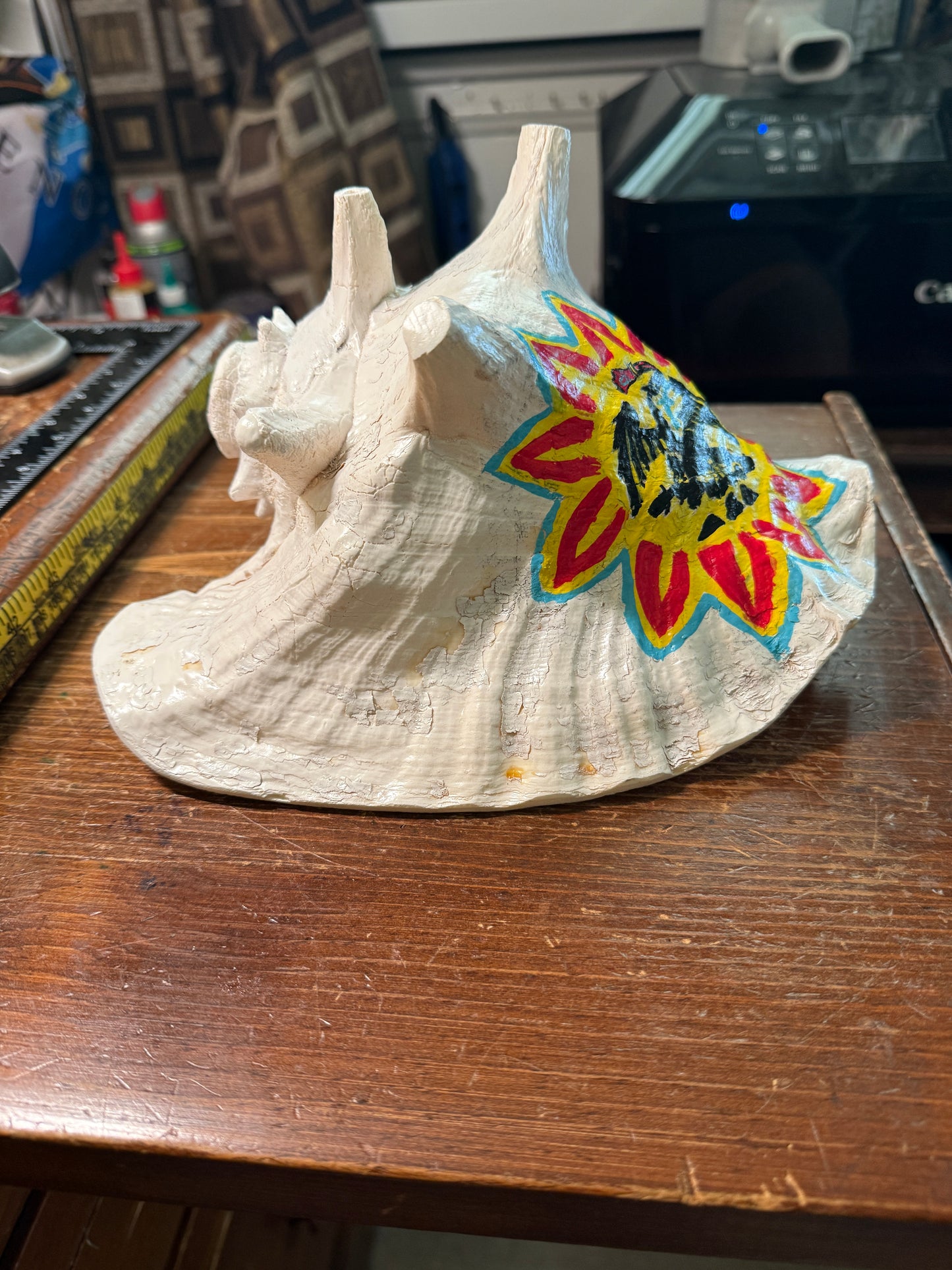 Aztec Cuitlahuac Conch Shell Horn - Seashell Trumpet, 9", Painted, Mexican, playable, repaired