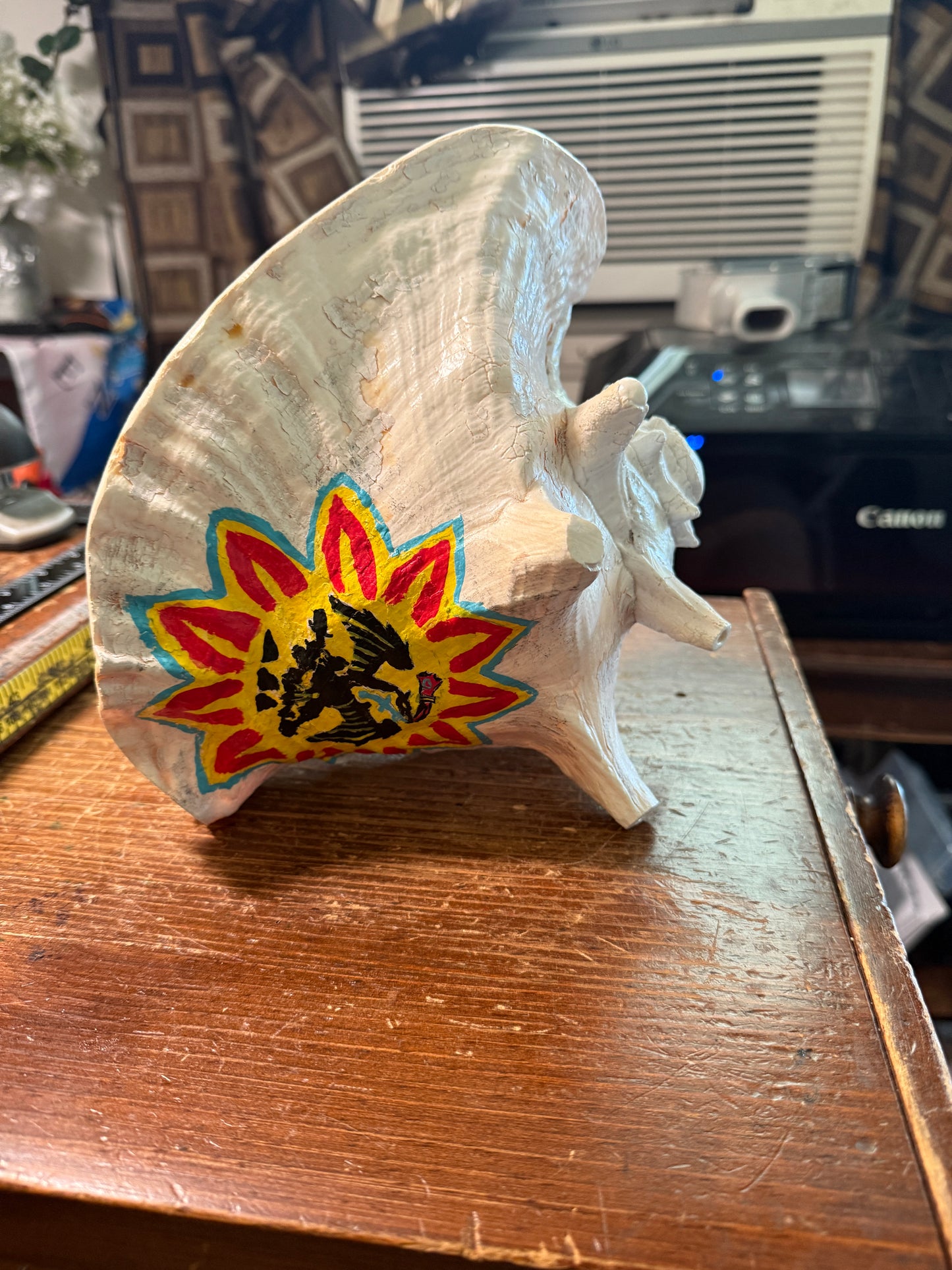 Aztec Cuitlahuac Conch Shell Horn - Seashell Trumpet, 9", Painted, Mexican, playable, repaired