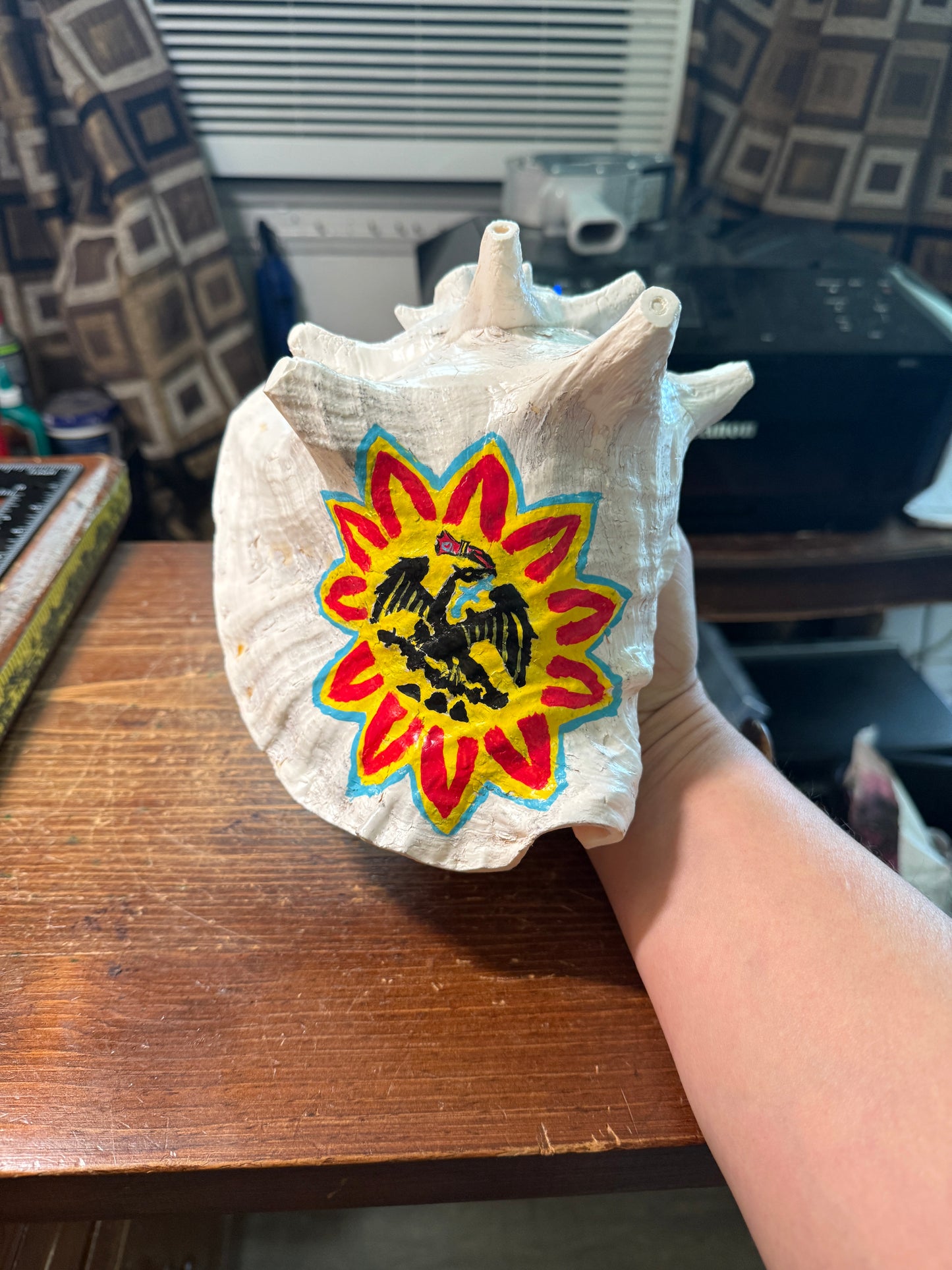 Aztec Cuitlahuac Conch Shell Horn - Seashell Trumpet, 9", Painted, Mexican, playable, repaired
