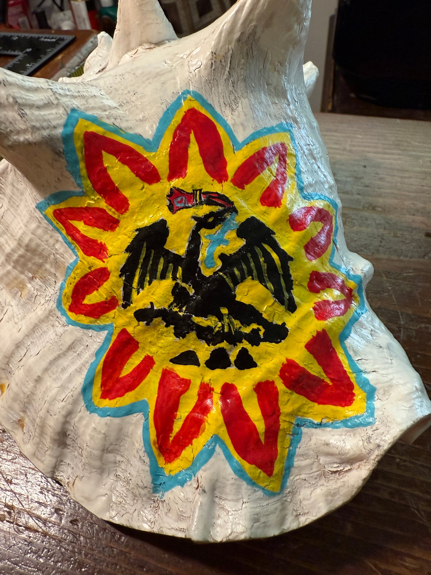Aztec Cuitlahuac Conch Shell Horn - Seashell Trumpet, 9", Painted, Mexican, playable, repaired