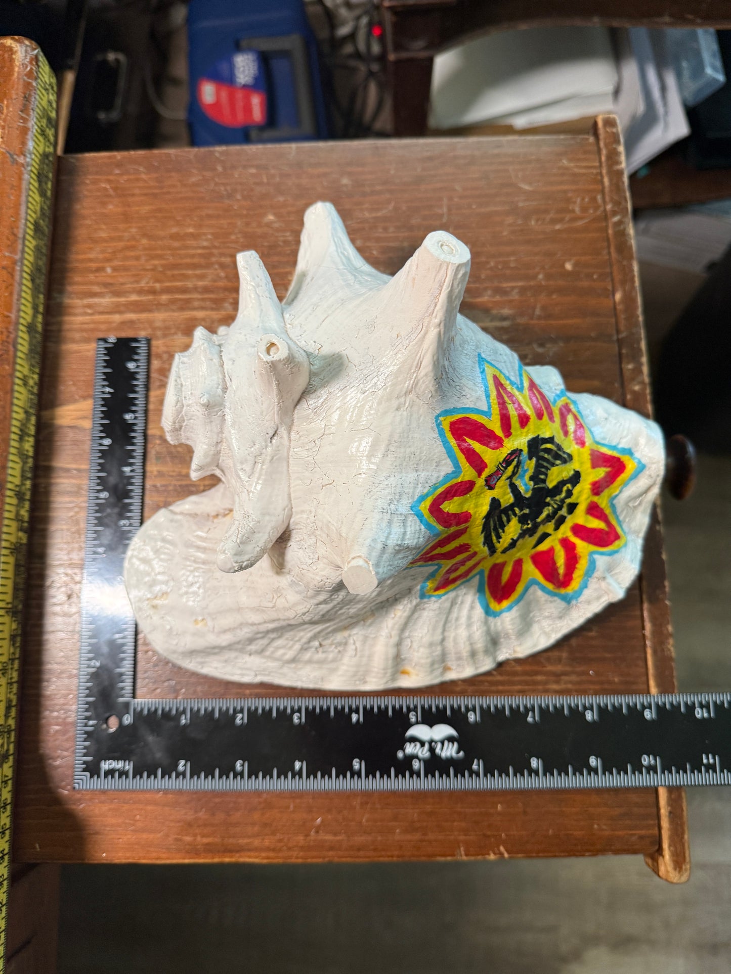 Aztec Cuitlahuac Conch Shell Horn - Seashell Trumpet, 9", Painted, Mexican, playable, repaired