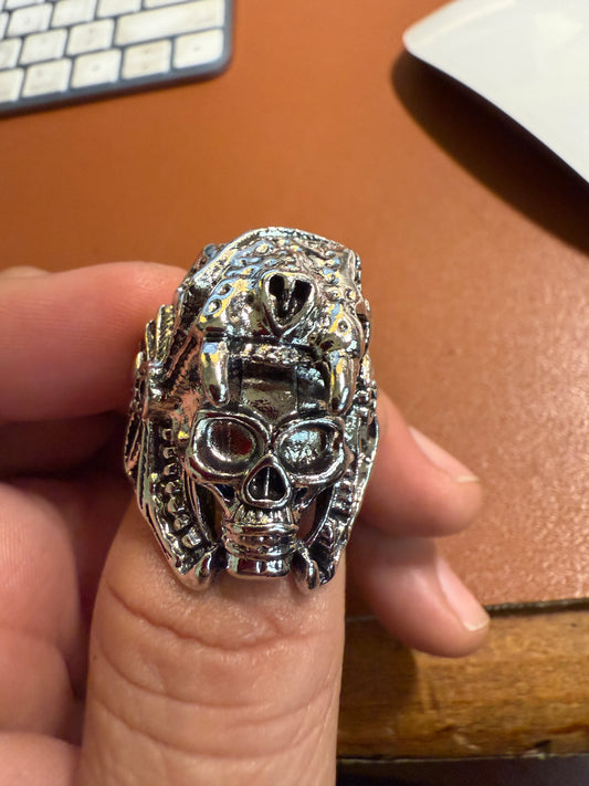 Aztec Jaguar Warrior Skull Ring, Shiny Metal Alloy, Mexica Rings, Indigenous Native American (#9)