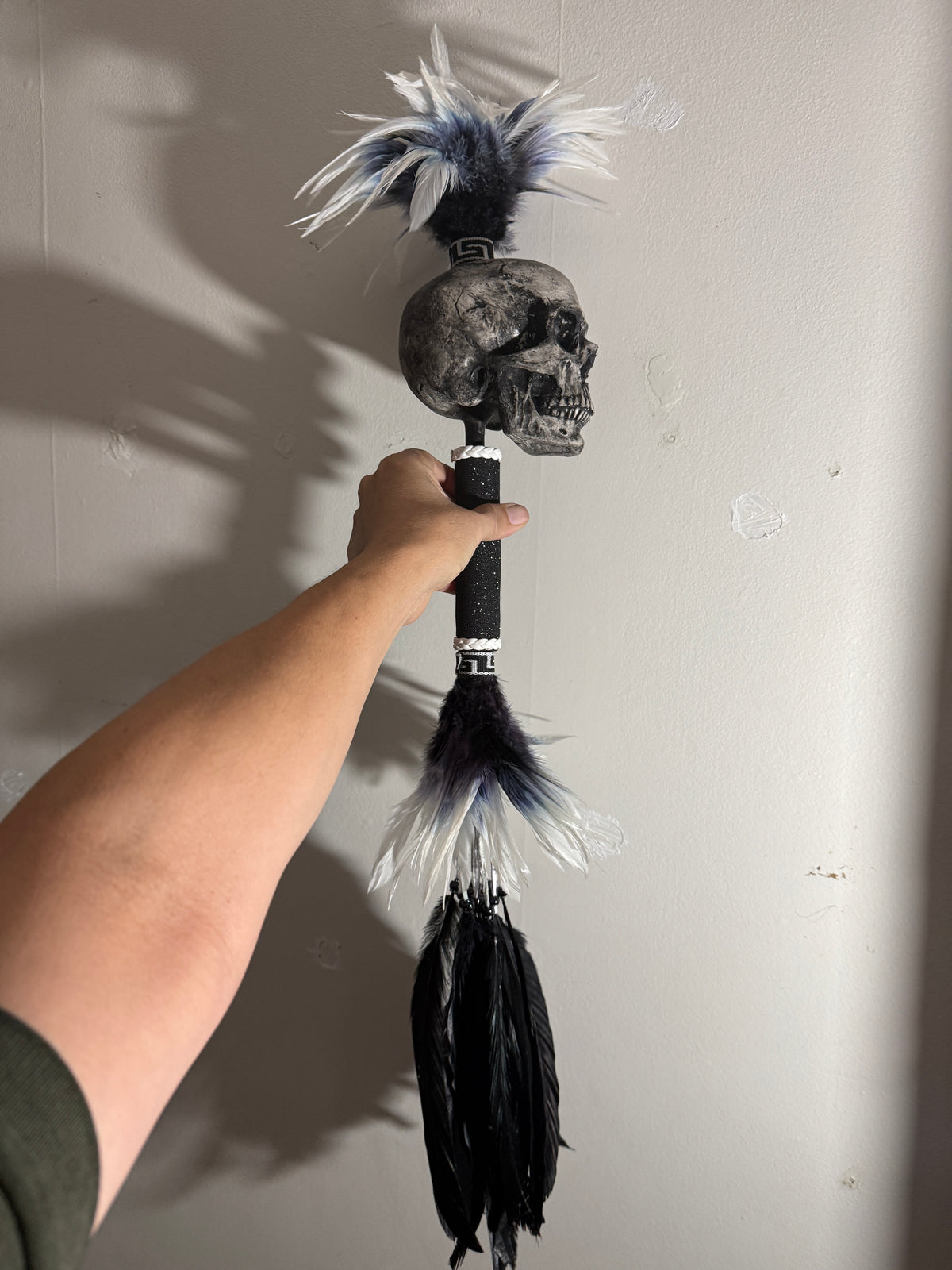 Aztec Mictlantecuhtli Danza Azteca Sonajero, Hand Made in Mexico Black White