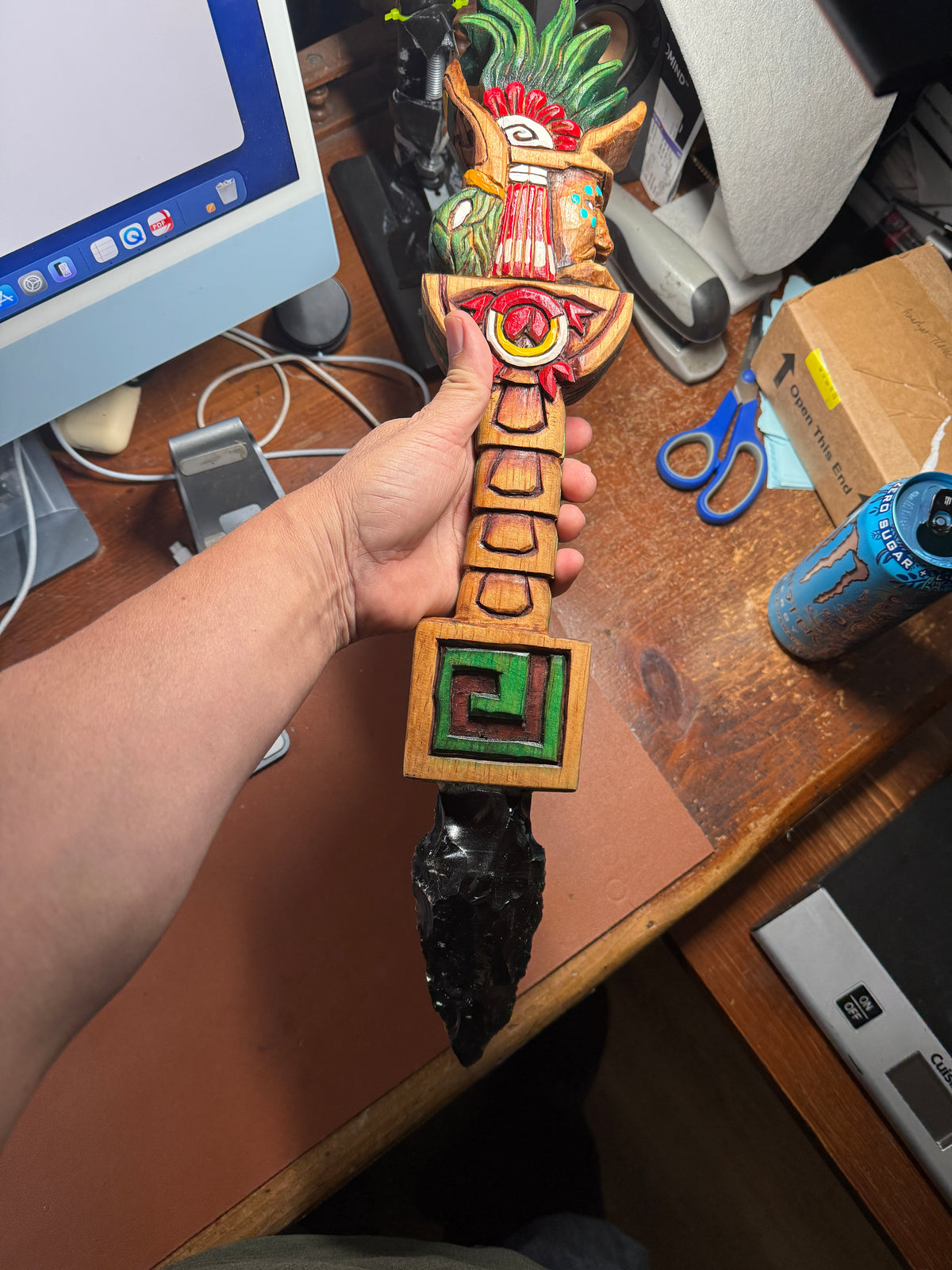 Huitzilopochtli Hummingbird Dagger, Aztec, Mexica, Deep Wood Carved, Obsidian 20"