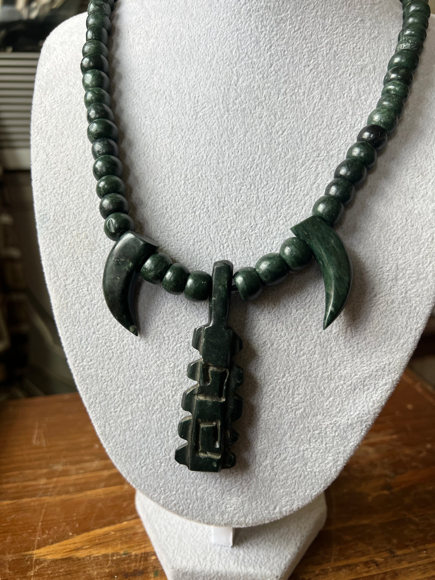 Serpentine Macuahuitl with Talons Necklace, Aztec Sword Design, with Marble Beads, Leather Adjustable Necklace, Mexica Ancient Mexican (18)