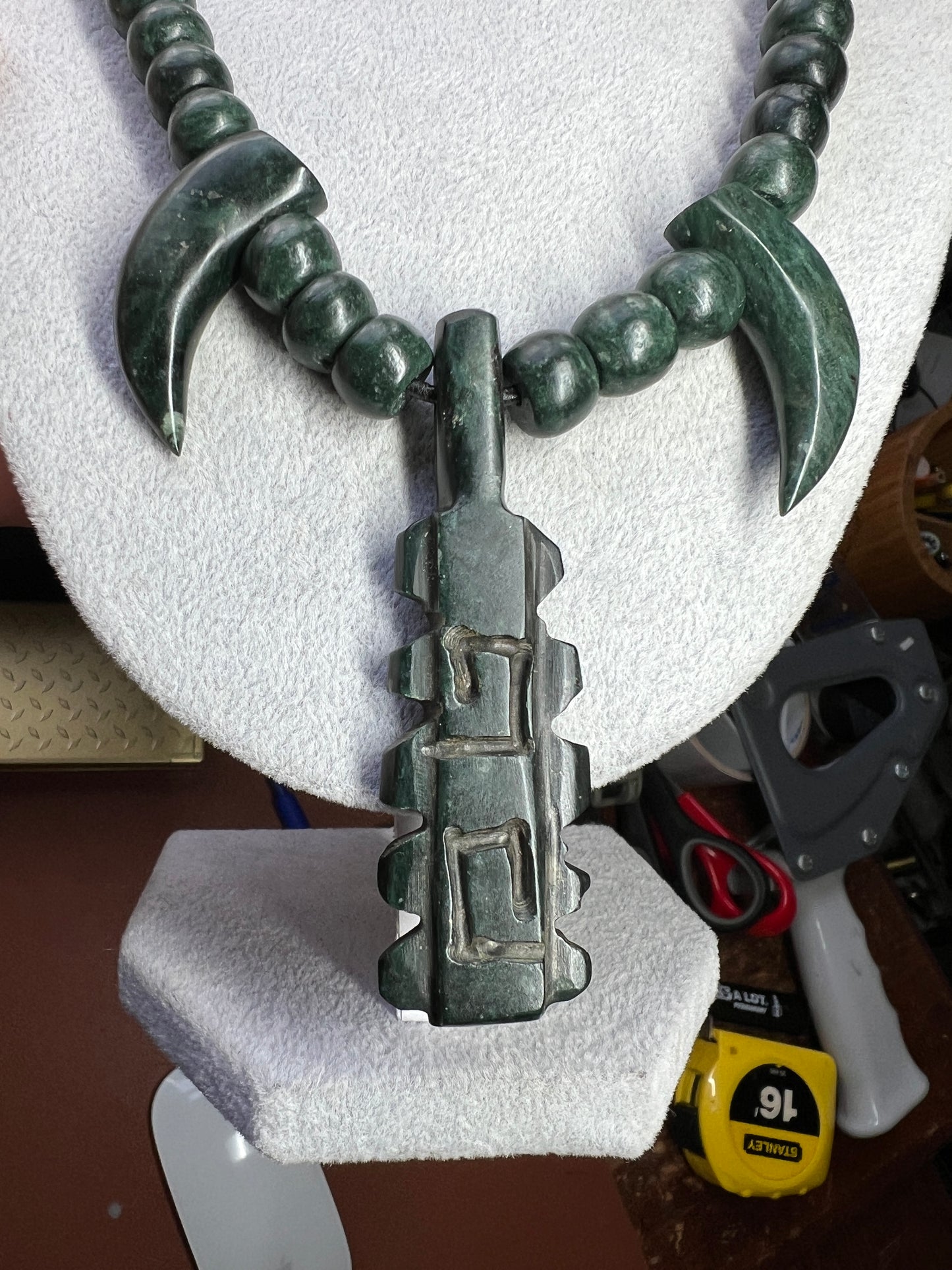 Serpentine Macuahuitl with Talons Necklace, Aztec Sword Design, with Marble Beads, Leather Adjustable Necklace, Mexica Ancient Mexican (18)