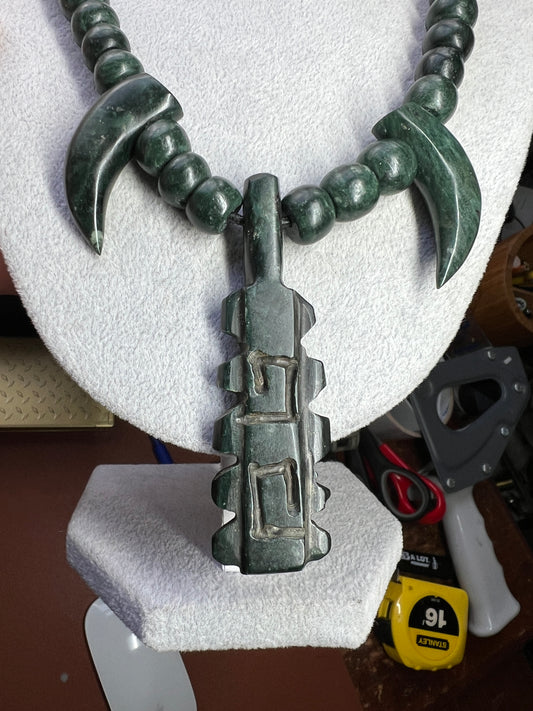 Serpentine Macuahuitl with Talons Necklace, Aztec Sword Design, with Marble Beads, Leather Adjustable Necklace, Mexica Ancient Mexican (18)