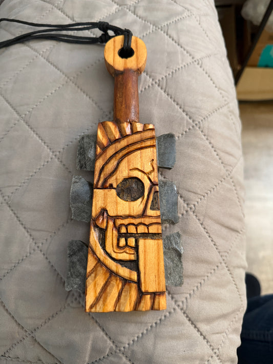 Mini Macuahuitl Azteca Necklace, Piedra de Muerte, Stone of Death, Mictlantecuhtli, Carved, Silver Obsidian Blades, Hangable Art handmade 8.25"