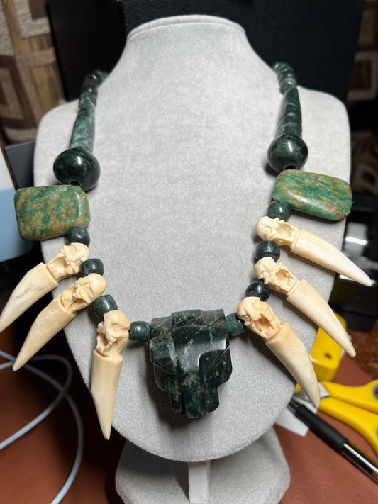 Jaguar Guatemalan Jade, Parakeet Jade, Serpentine Stone, Mictlantecutli Bone Fangs, Necklace, Mexico (#38)