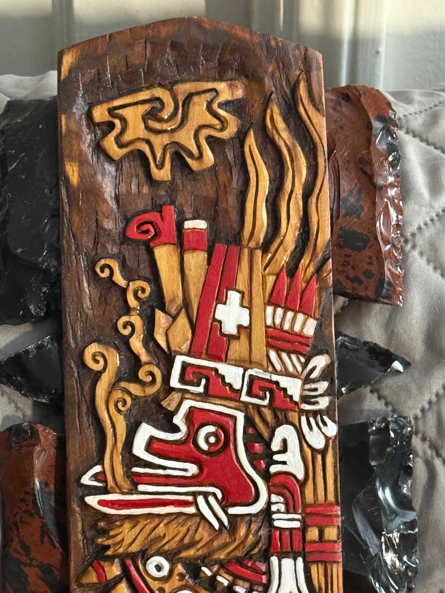 Macuahuitl Azteca Wall Art, Quetzalcoatl Ehecatl, Mictlantecuhtli Obsidian 31.5"