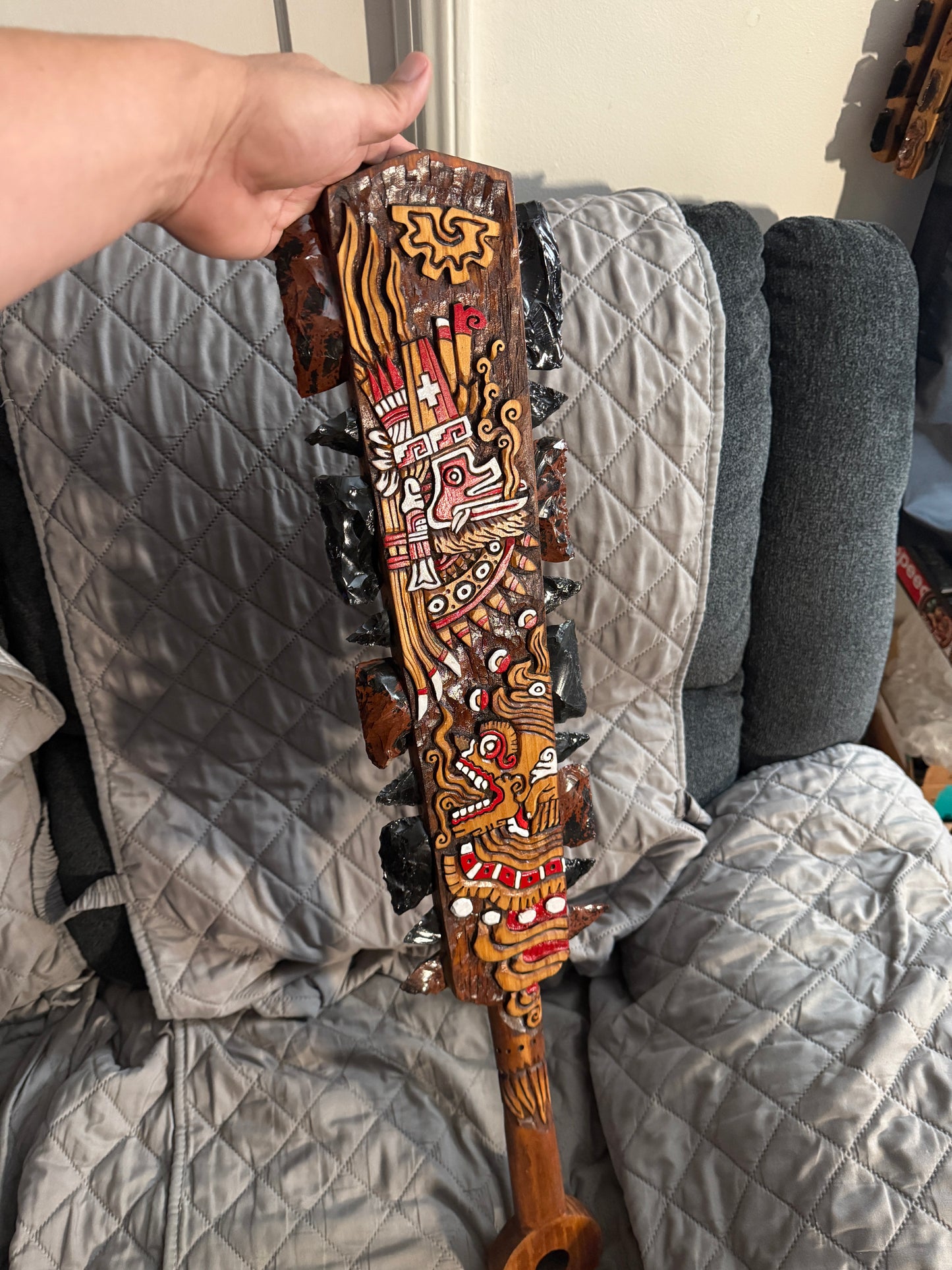 Macuahuitl Azteca Wall Art, Quetzalcoatl Ehecatl, Mictlantecuhtli Obsidian 31.5"