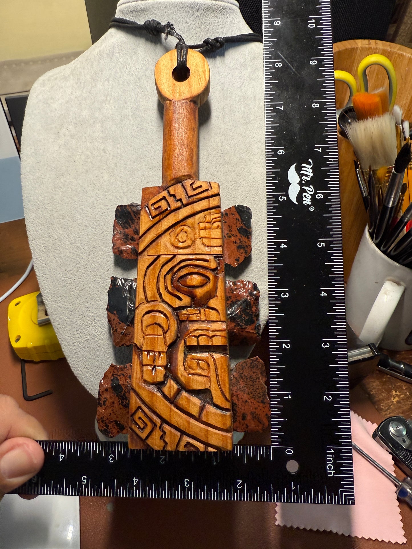 Mini Macuahuitl Azteca Necklace, Tonatiuh Sun God, Carved, Obsidian, Mexico 8"