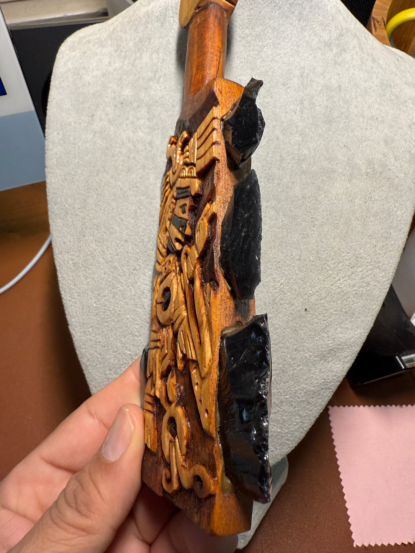 Mini Macuahuitl Azteca Tezcatlipoca, Smoking Mirror, Aztec God, Black Obsidian Blades, Hangable Art