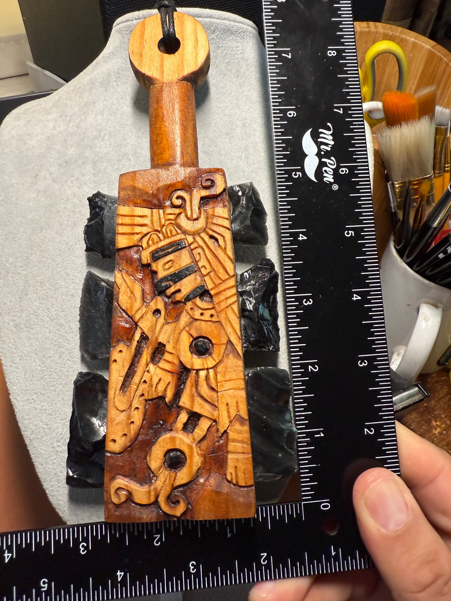 Mini Macuahuitl Azteca Tezcatlipoca, Smoking Mirror, Aztec God, Black Obsidian Blades, Hangable Art