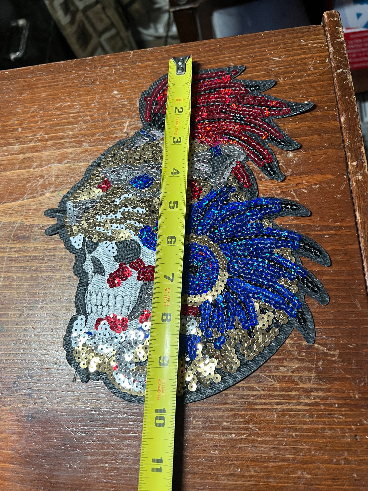 Aztec Mayan Jaguar Warrior, Large 10", iron-on patch, embroidered sequins (#31)