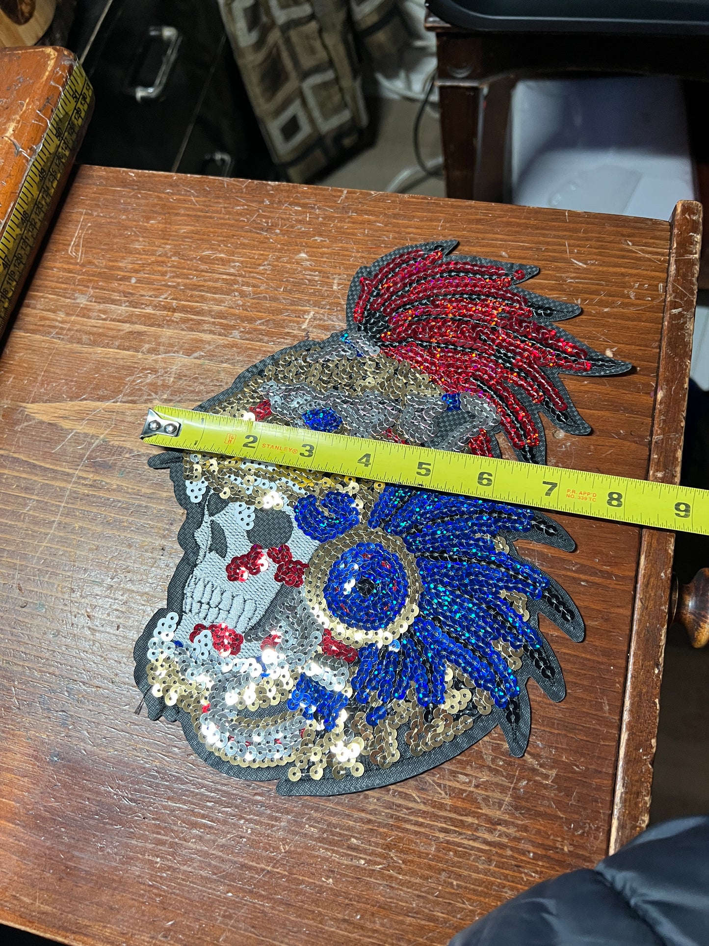 Aztec Mayan Jaguar Warrior, Large 10", iron-on patch, embroidered sequins (#31)