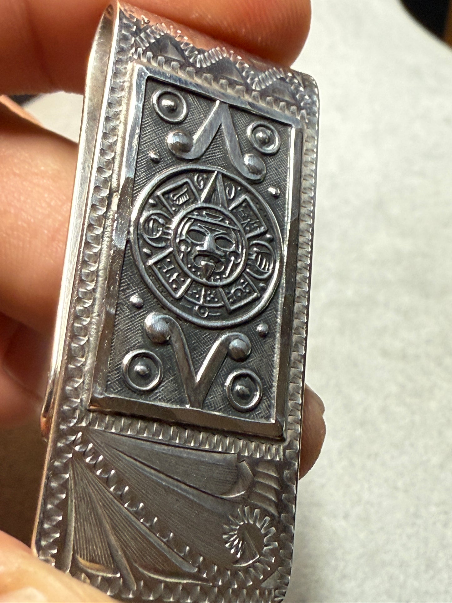 925 Sterling Silver Mexico Aztec Calendar Money Clip 22 grams, Mexican Pesos #39
