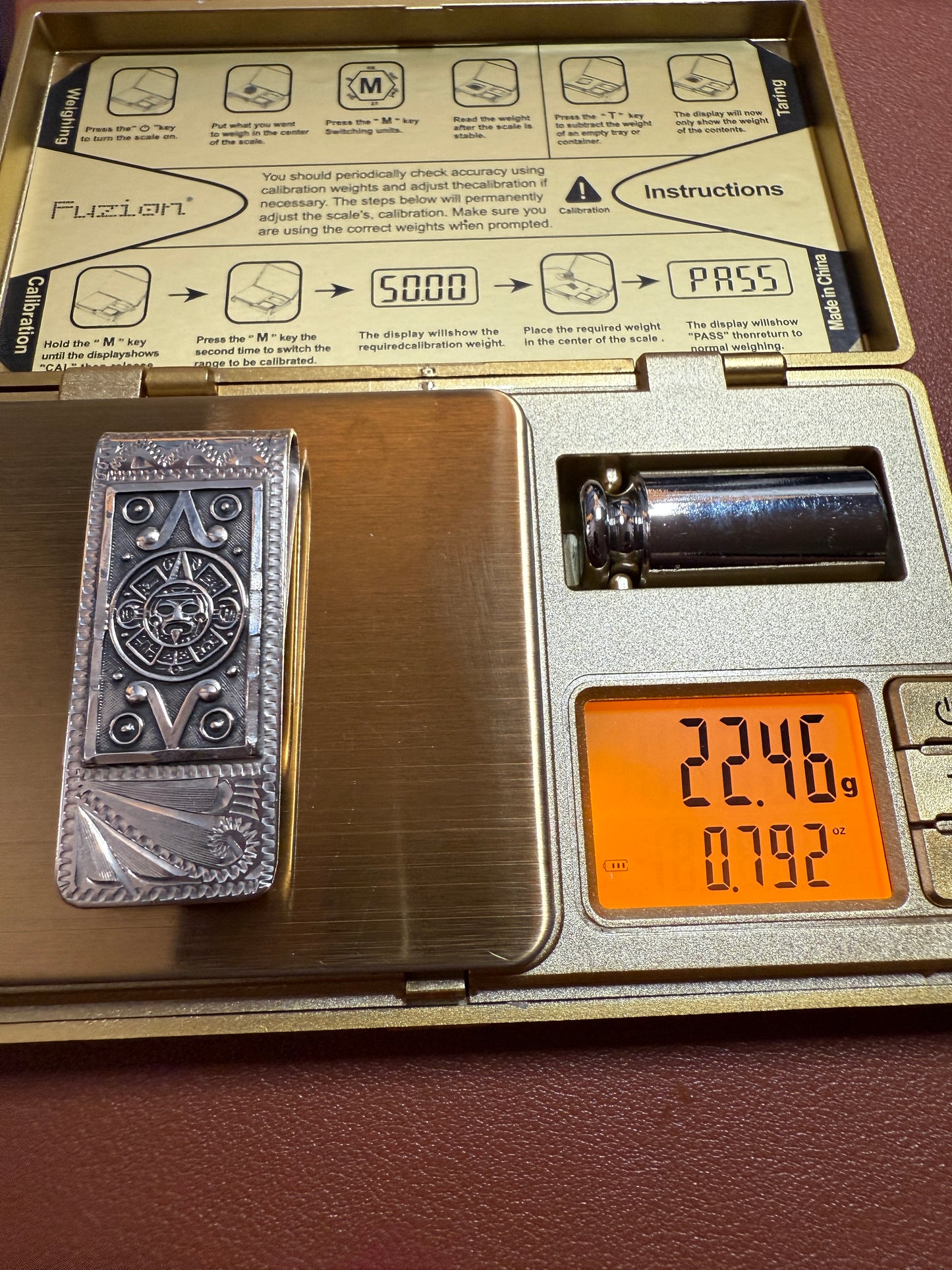 925 Sterling Silver Mexico Aztec Calendar Money Clip 22 grams, Mexican Pesos #39