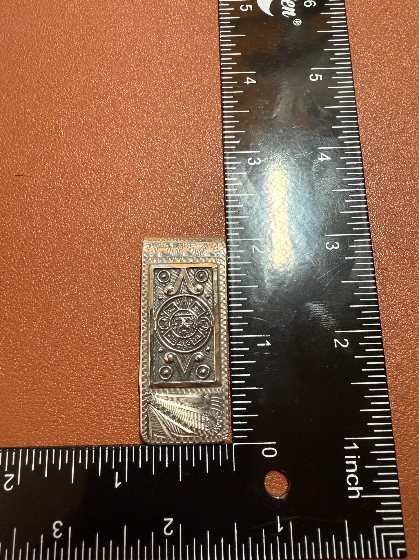 925 Sterling Silver Mexico Aztec Calendar Money Clip 22 grams, Mexican Pesos #39